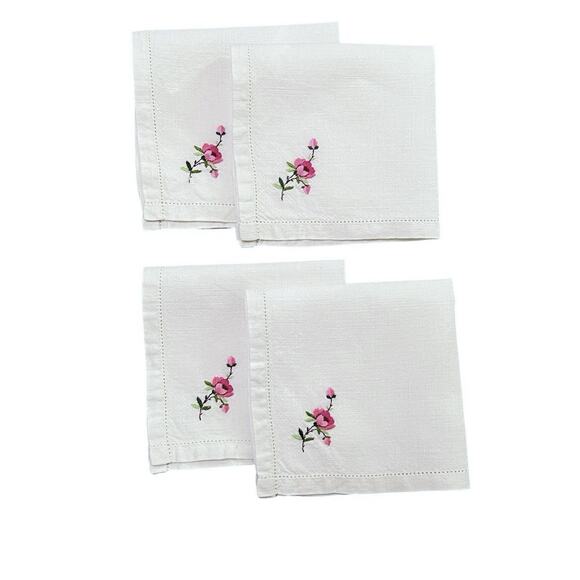 Delicate Linen Napkins Vintage Set 4 Embroidered Corner Flower Pink Green 11x11 - Picture 4 of 9